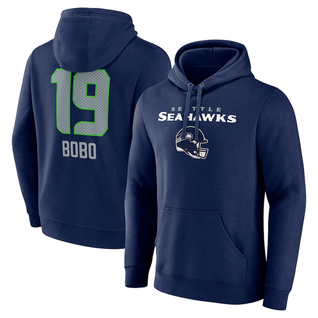 Men's Seattle Seahawks #19 Jake Bobo Navy Team Wordmark Player Name & Number Pullover Hoodie